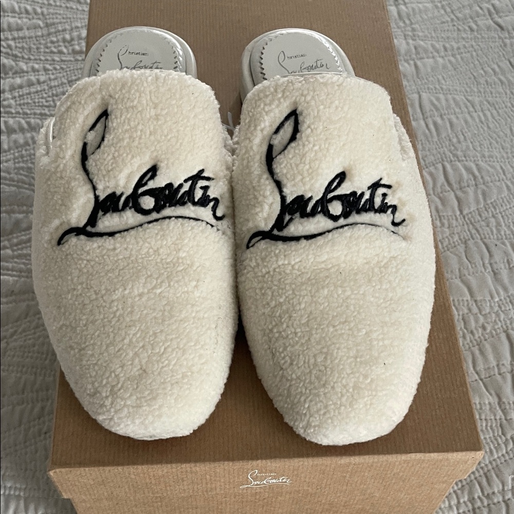 Authentic Christian Louboutin White Fleece Slippers